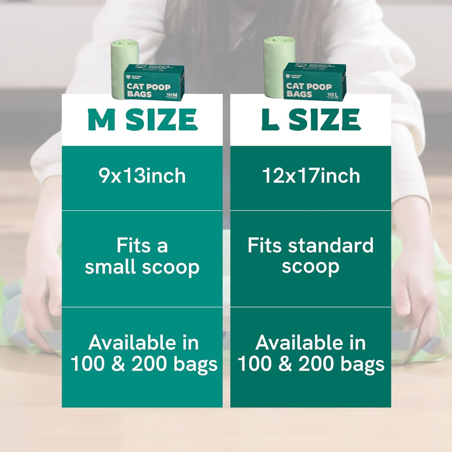 Panther Armor Compostable Cat Litter Bags for Poop - 100x Unscented Pet Waste Bags, 13x9in Leak Proof Kitty Litter Bags - Odor Proof, Easy Open Dispenser Box of Cat Poop Bags