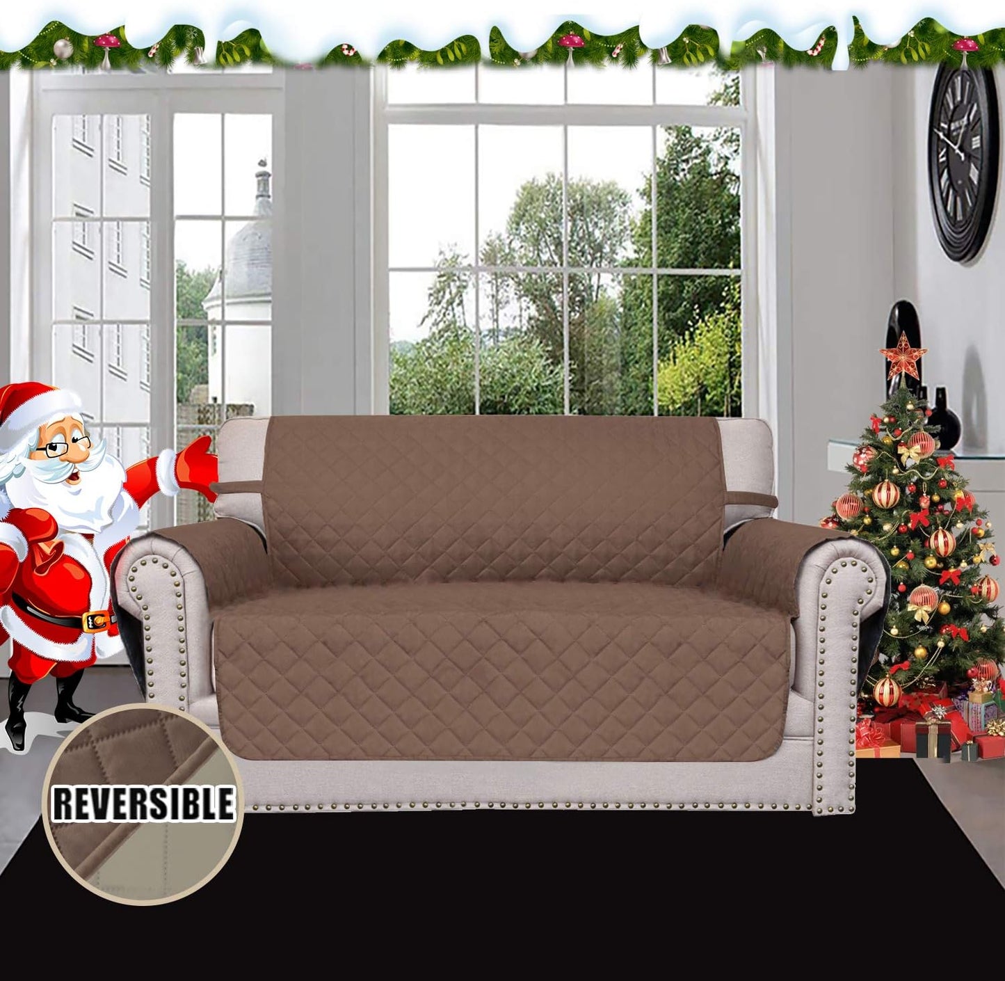 Easy-Going Reversible Loveseat Couch Cover for 2 Cushion Couch Sofa Cover for Dogs Water Resistant Furniture Protector with Foam Sticks Elastic Straps for Pet (Loveseat, Brown/Beige)