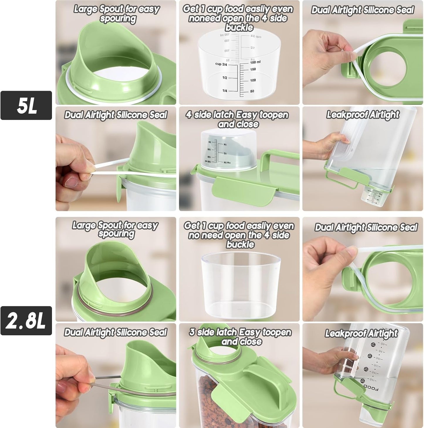 Dog Food Storage Container, Upgraded Large Nozzle BPA-free, 3-5 LBS Plastic Pet Food Storage Containers, With 4 Sealed Clasps, 1 Measuring Cup and Handle (Avocado Green (3L+5L))