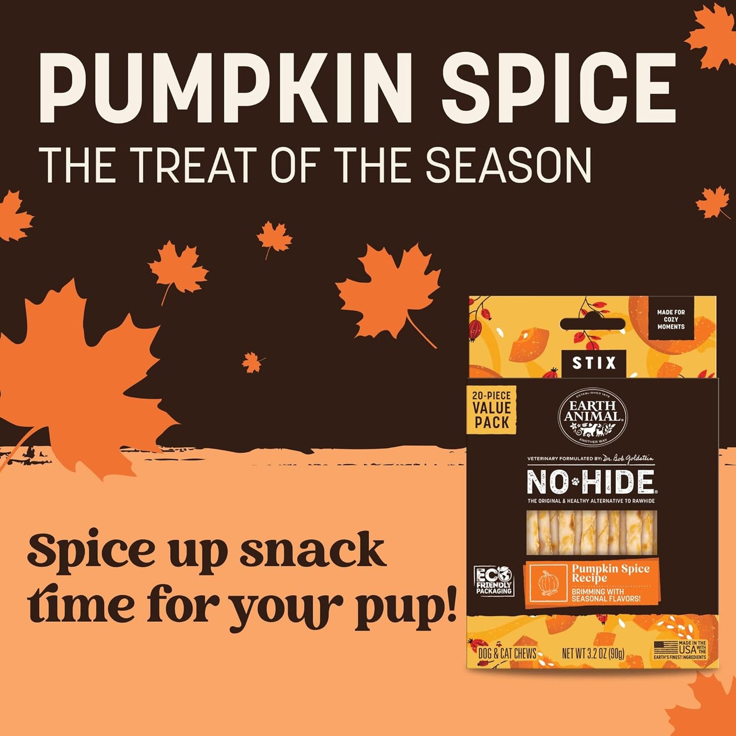 Earth Animal No-Hide Seasonal Stix Pumpkin Spice Recipe Natural Rawhide Alternative Dog & Cat Chews - 20 Count Value Pack