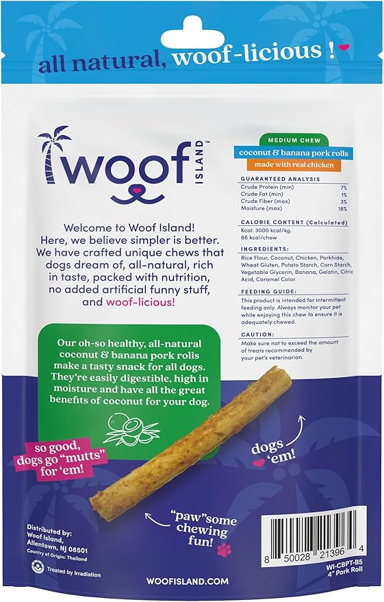 Coconut & Banana Pork Rolls - Healthy Natural Pork Treats - Rawhide Free Pet Chews - Long Lasting No Hide Chews for Small Medium Large Dogs - Raw Hide Free Puppy Chew Roll (1 Pack)