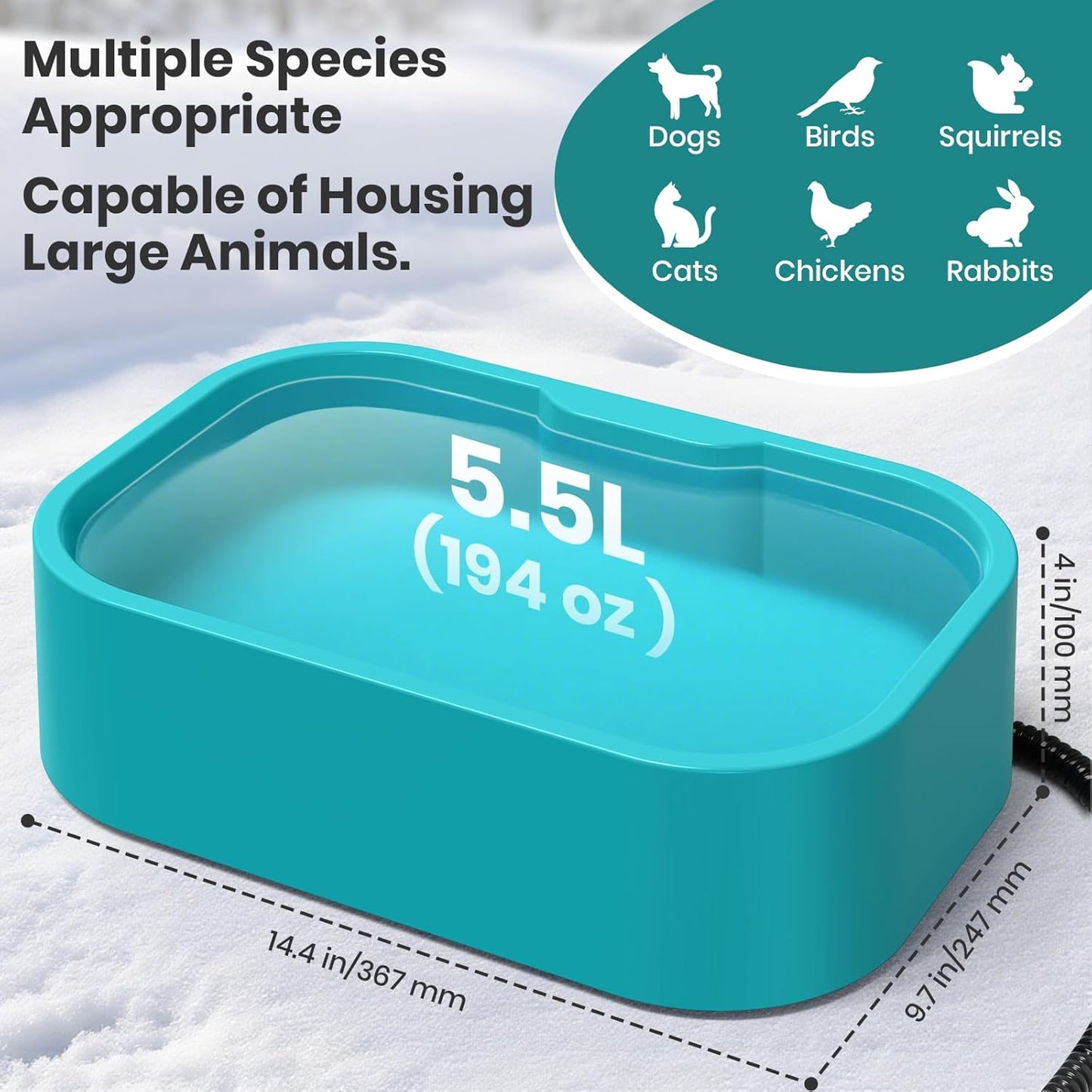 IPOW Extra Large Heated Water Bowl with 5 Layers Design for Heating & Heat Preservation Provides Drinkable Water & Food in Winter Heated Pet Bowl for Cat Rabbit Chicken Duck Squirrel, 194 fl oz