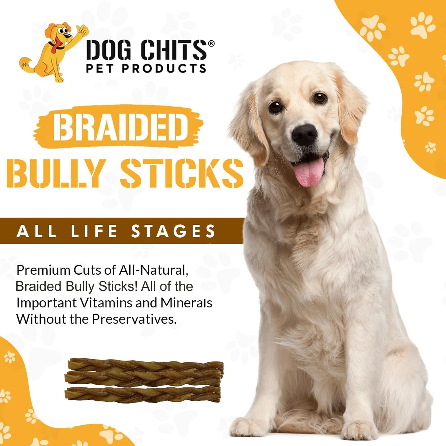 Dog Chits Braided Bully Sticks for Dogs and Puppies | 12-inch, 3 Pack | Natural Healthy Long Lasting Chew for Large and Small Dogs Protein Treats | Odor Free