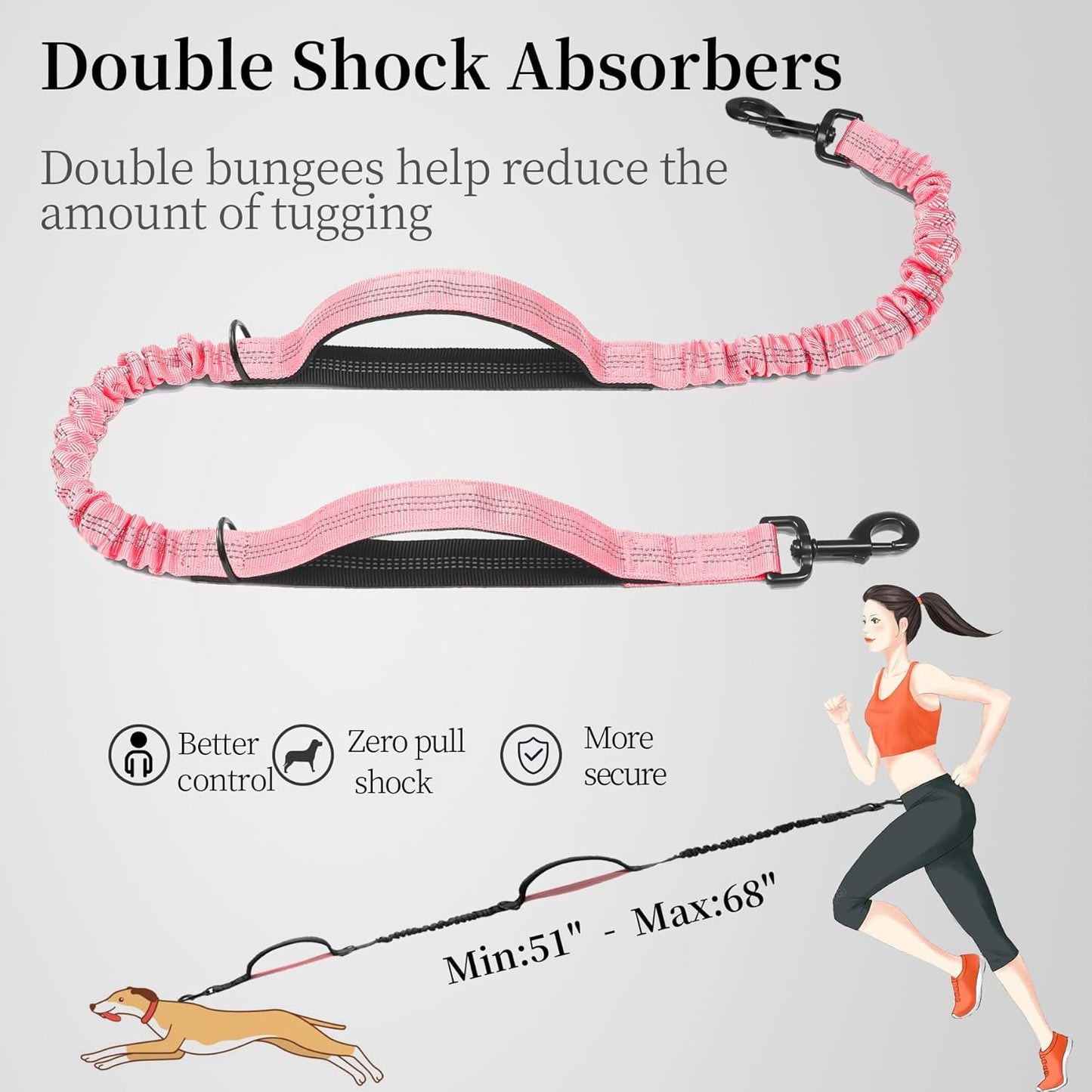 iYoShop Hands Free Dog Leash with Zipper Pouch, Dual Padded Handles and Durable Bungee for Walking, Jogging and Running Your Dog (Large, 25-120 lbs, Baby Pink)