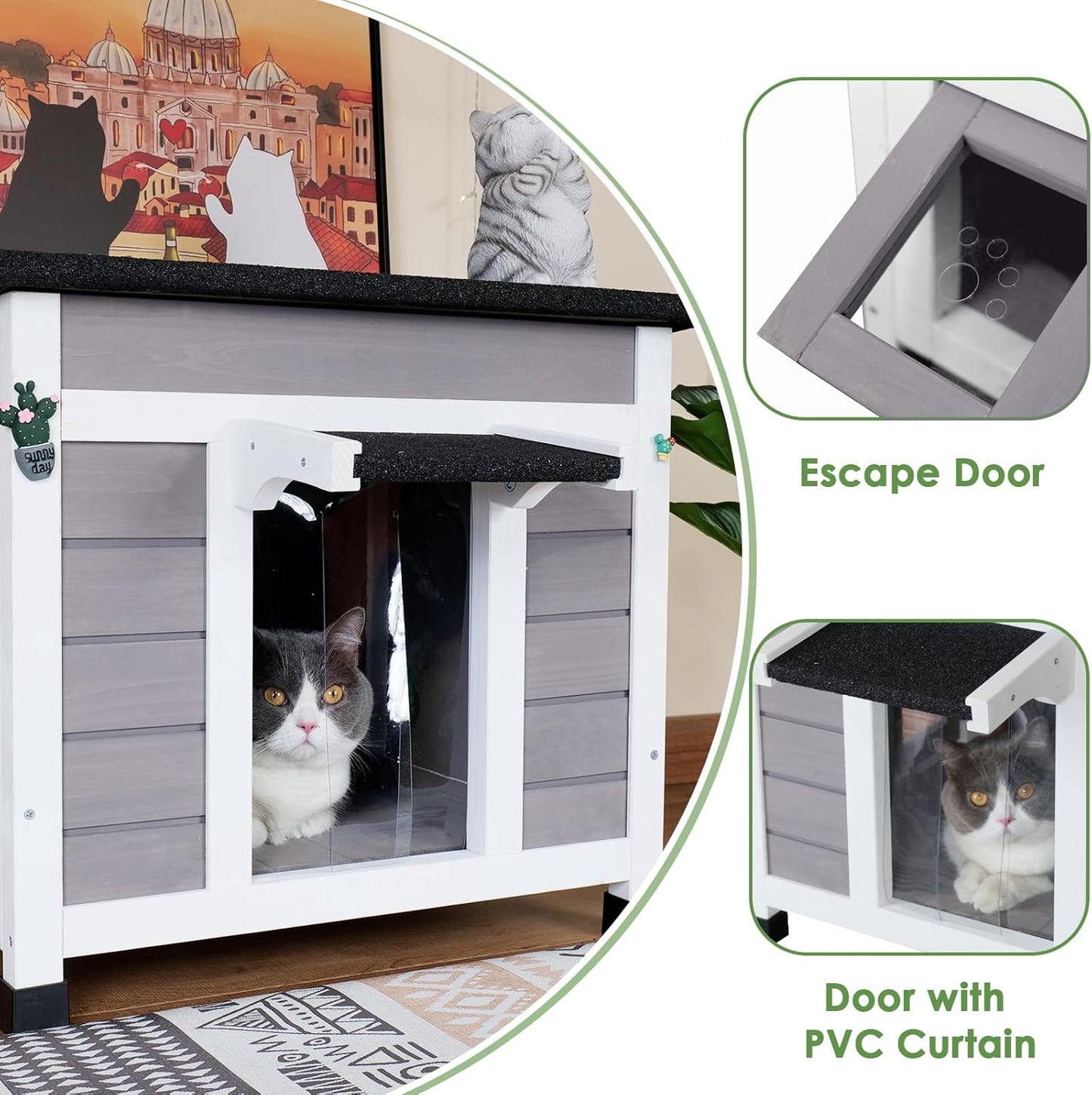 Cat House Outdoor/Indoor All-Weather Wooden Shelter with Openable Asphalt Roof for Feral Cats & Small Animals