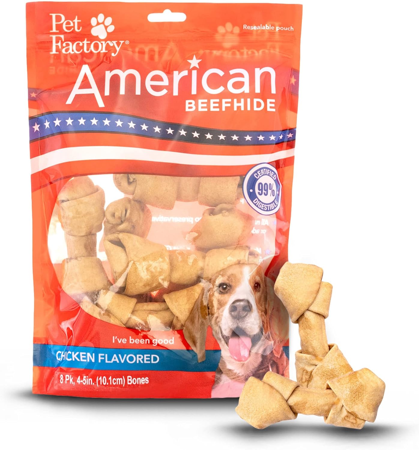 Pet Factory American Beefhide 4-5" Knotted Bones Dog Chew Treats - Chicken Flavor, 8 Count/1 Pack