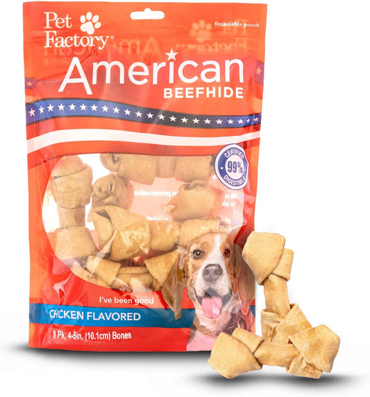 Pet Factory American Beefhide 4-5" Knotted Bones Dog Chew Treats - Chicken Flavor, 8 Count/1 Pack