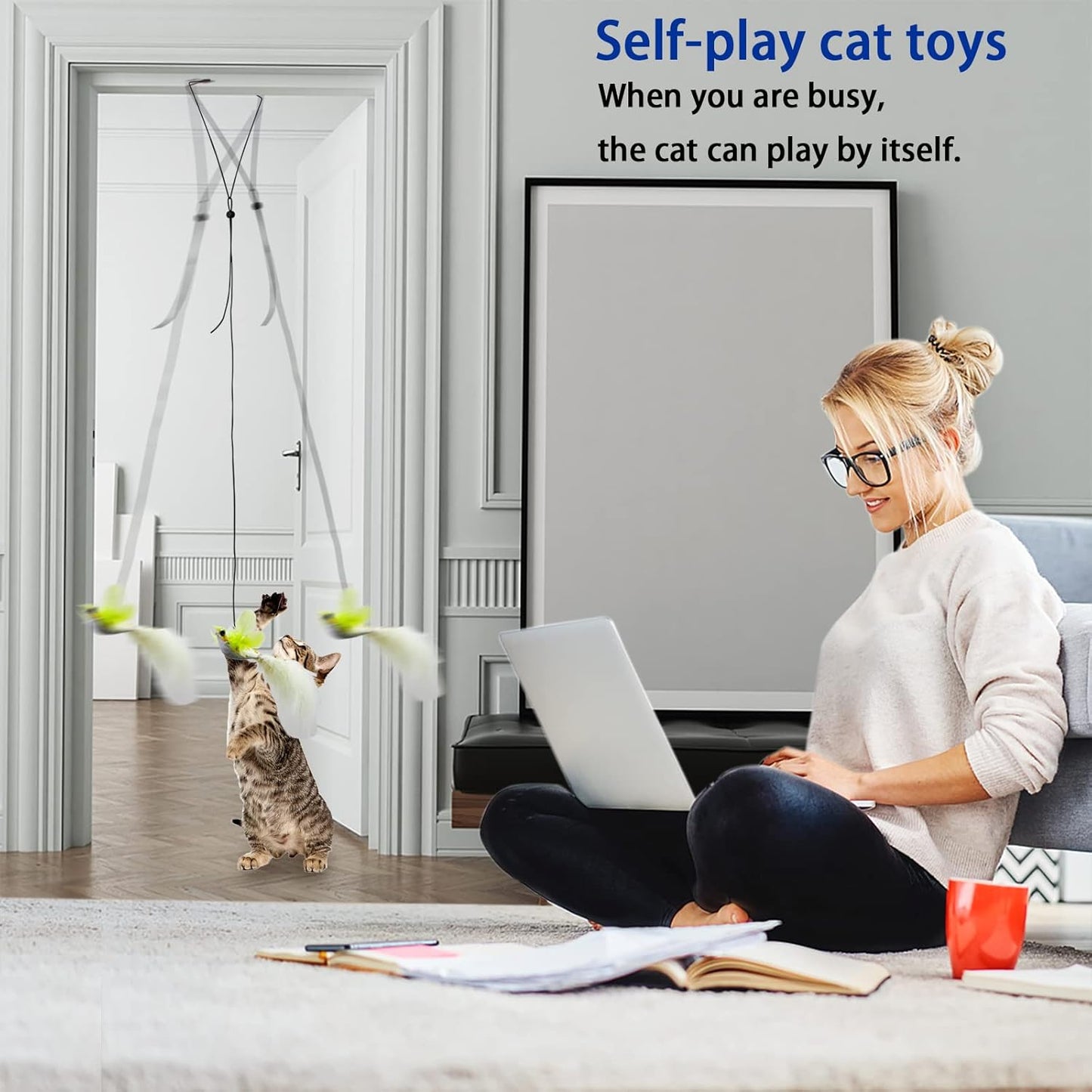 Cat Toys Indoor Hanging Door Retractable Flying Da Bird Cat Toy for Kitten Fun Exercise Interactive String Feather Cat Toys for Hunting Chase (Yellow Silk Finch)