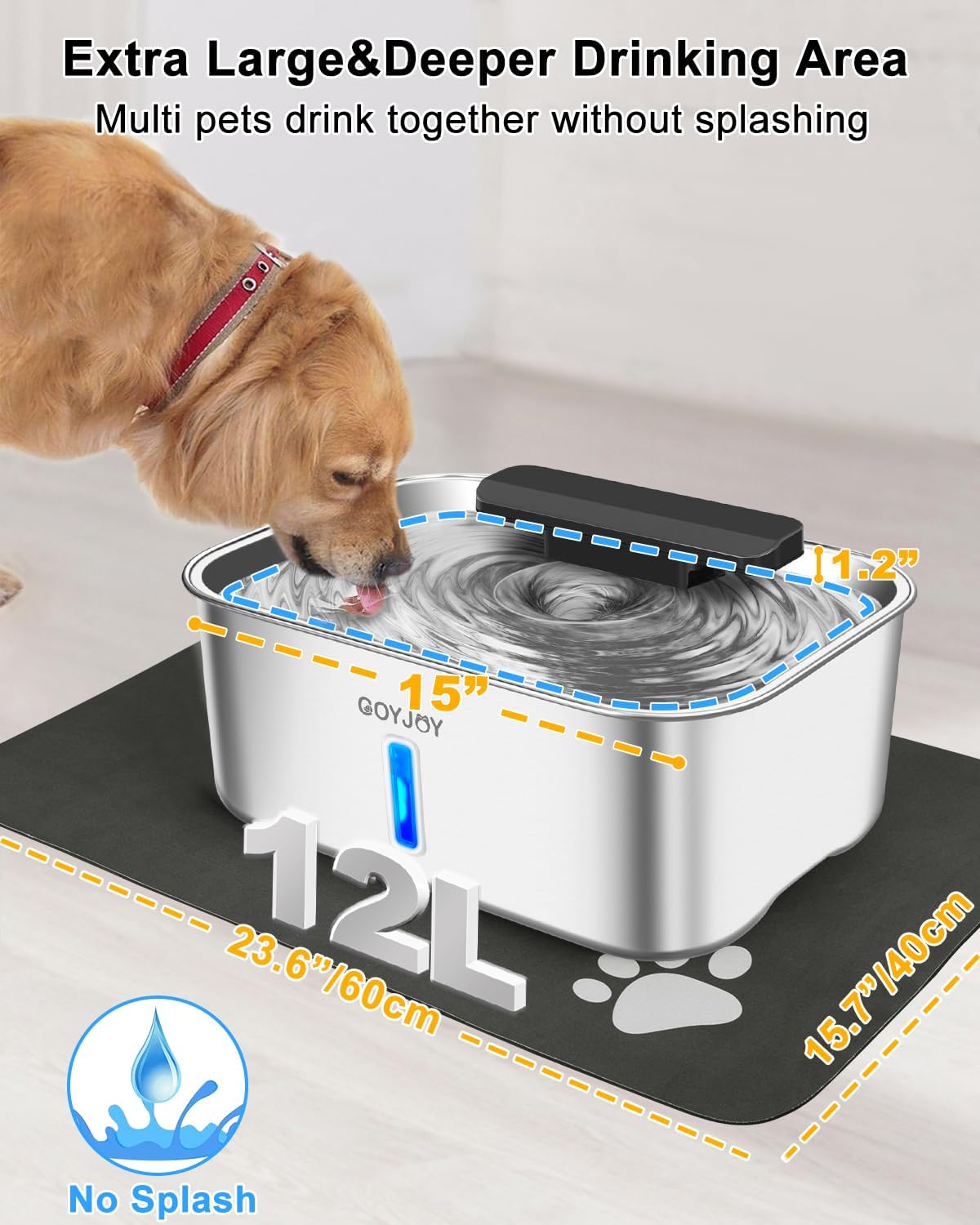 Dog Water Fountain for Large Dogs,3 Gallon Stainless Steel Dog Water Bowl Fountain,Large Pet Water Drinking Fountain with Deeper Drinking Area,Swirling Filtration Design with Fresher & Cleaner Water
