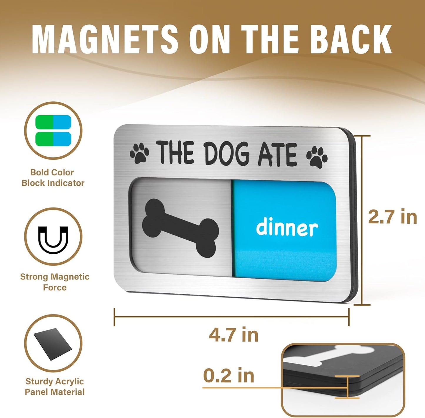 Dog Feeding Reminder Sign with Magnet, Pet Feeding Tracker with The Dog Ate, Acrylic Dog Paw 2 Area Feed Sign with Breakfast and Dinner for Fridge, Brushed Silver with 2 Stickers, 4.7" x 2.7"