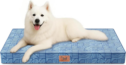 Outdoor Large Dog Bed, Waterproof Dog Bed for Large Size Dogs, Egg Crate Foam Pet Bed with Removable Washable Oxford Cooling Cover, White Blue