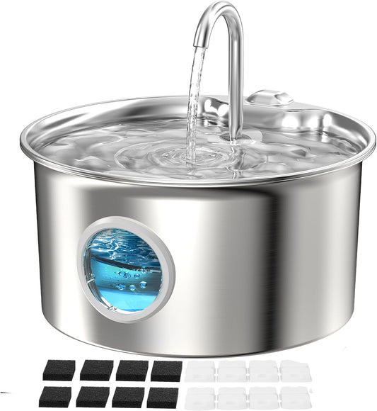 Pet Water Fountain Stainless Steel: Mental Cat Water Fountains for Cats Indoor - 88oz/2.6L Noiseless Cats Waterer Bowl Dispenser - ATMZIQXR Kitten Drinking Fountains with 8 Filters + 8 Sponges