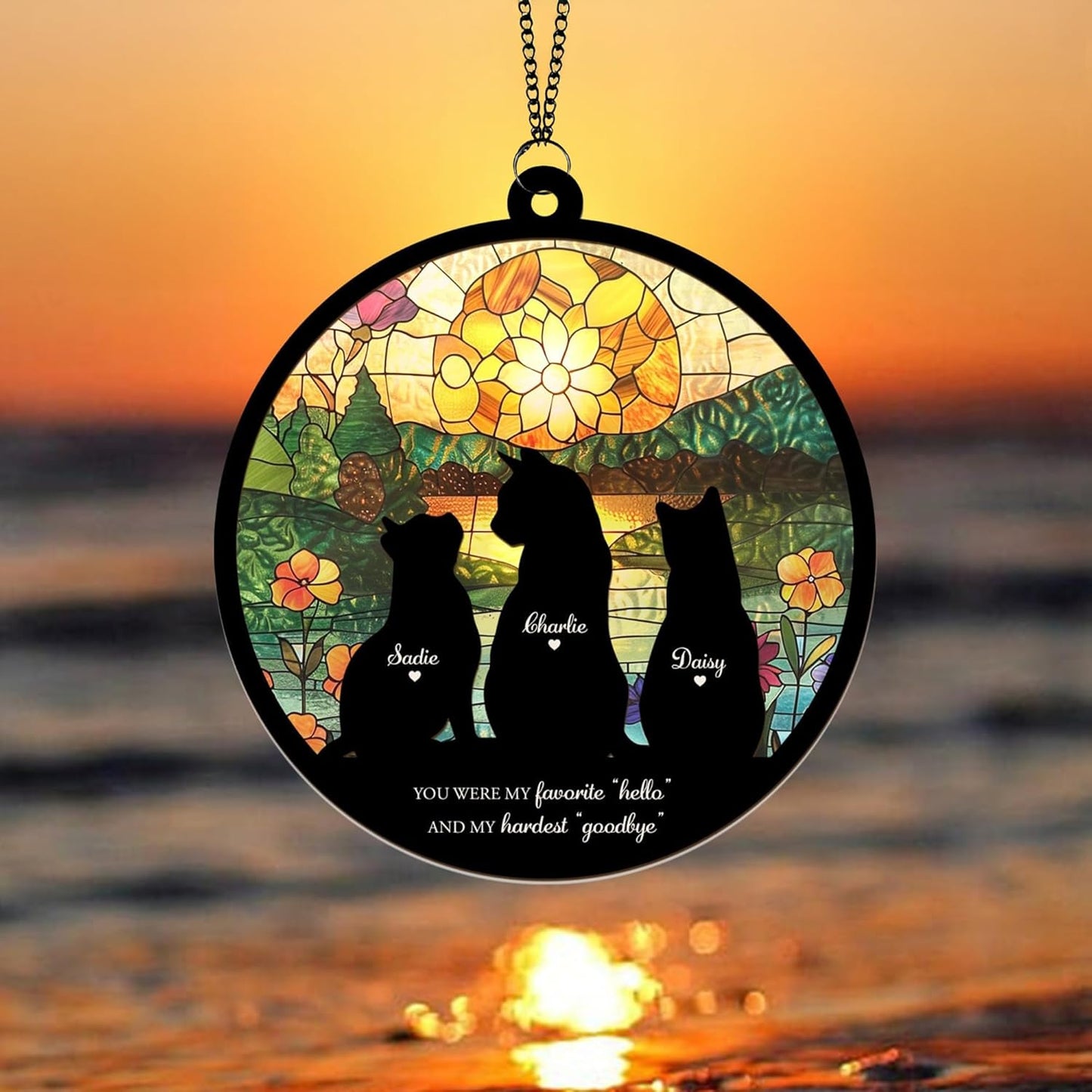 Personalized Cat Memorial Suncatcher – Custom Multiple Cats with Names, Breeds, and Background Options, Cat Loss Sympathy Gift, Pet Remembrance Keepsake, Gift for Cat Lovers