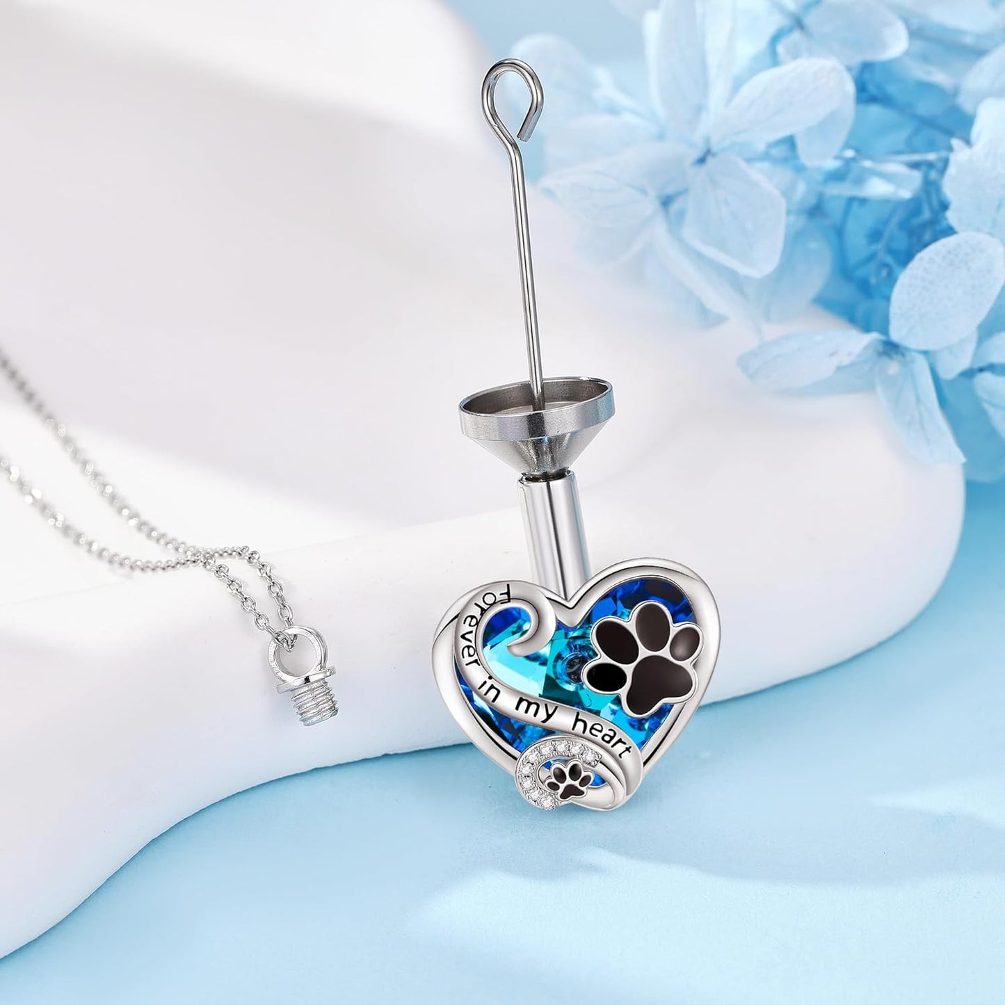 Pet Ashes Necklace 925 Sterling Silver Heart Urn Necklace with Paw Print Cremation Jewelry for Dog Cat Ashes