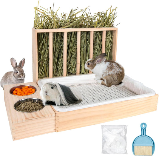 3 in 1 Rabbit Hay Feeder with Litter Box,Upgraded Wooden Hay Feeder Set for Guinea Pig Chinchilla Bunny Other Small Animals,Quick Cleaning & Large Capacity & Preventing Waste