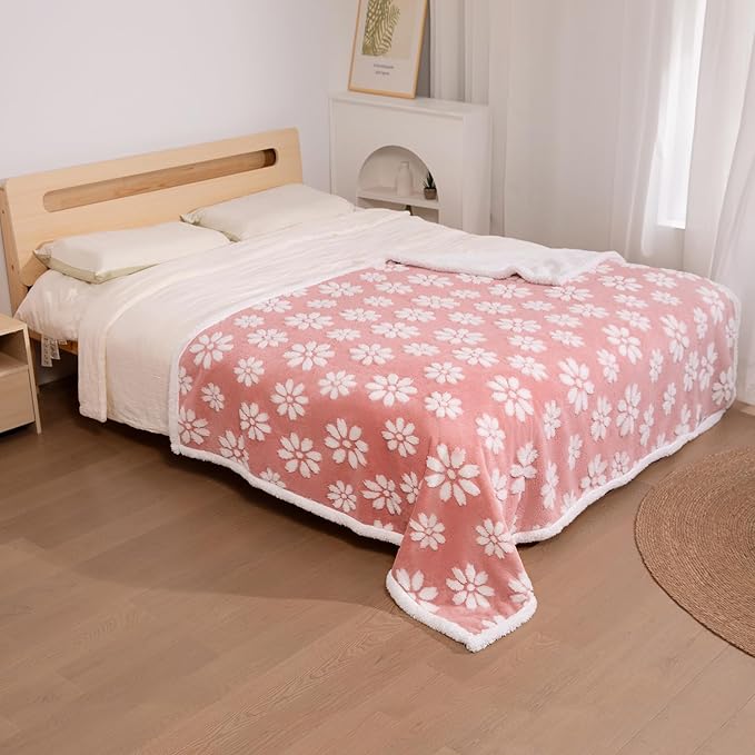 Waterproof Blanket for Dog Cat or Adult, Cute 3D Textured Flower Dog Blanket for Bed Couch Sofa, Soft Liquid Pee Proof Pet Furniture Protector, 60"x80", Pink