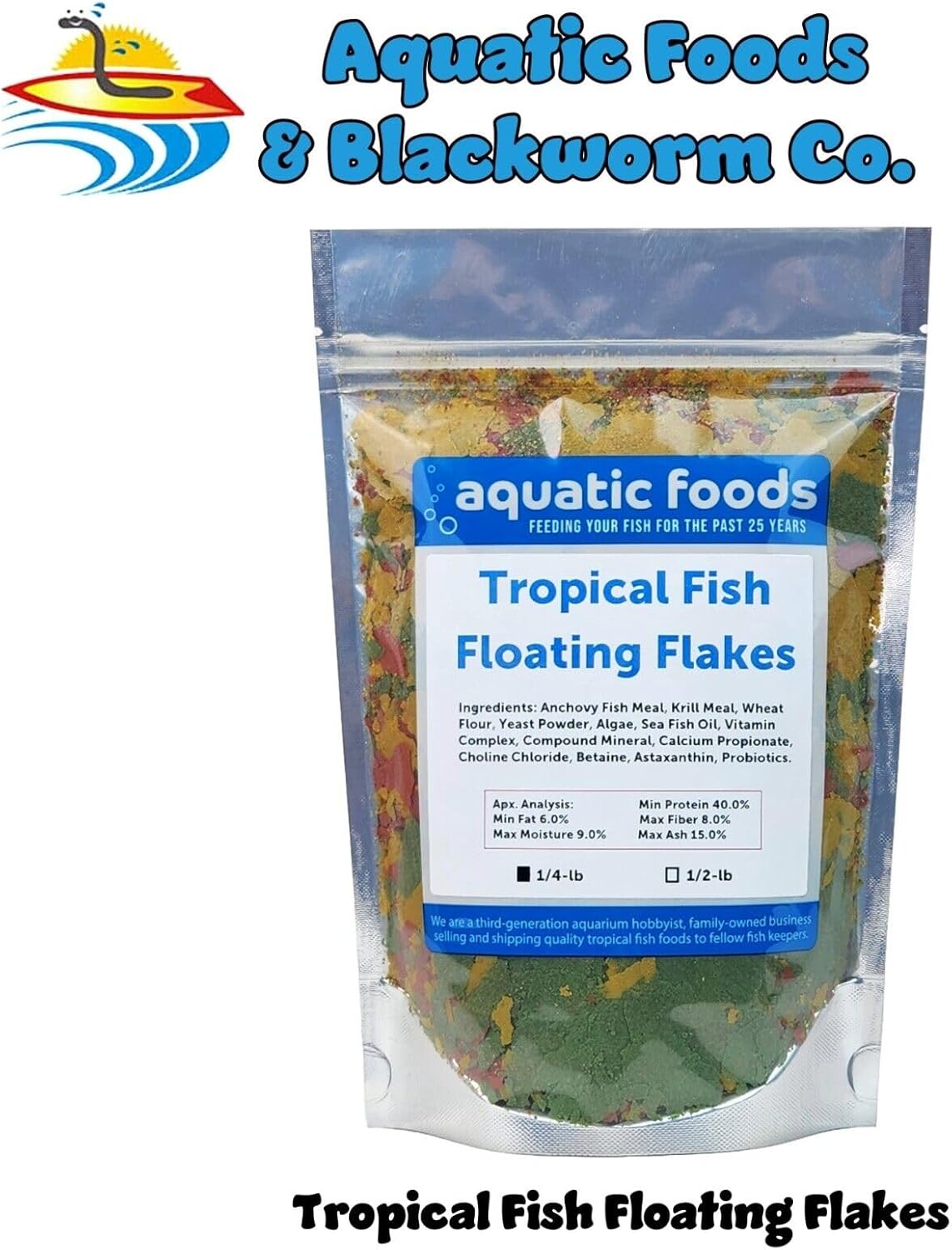 Aquatic Foods Inc. Tropical Fish Flakes, Mix of Krill, Color Enhancing, Spirulina Flakes for Cichlids, Angels, Tetras, Guppies. 12-Type Pellet Mix & 4-Type Wafers Included...WL 1/4-lb Foil Bag