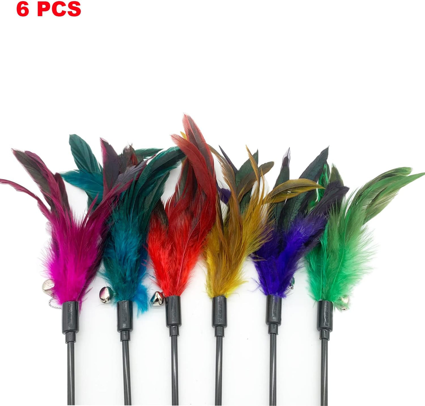 Cat Wand Toy Feather Stick Cat Toys, 6 Pieces Interactive Cat Toy Feathers Wand for Indoor Cats (A)