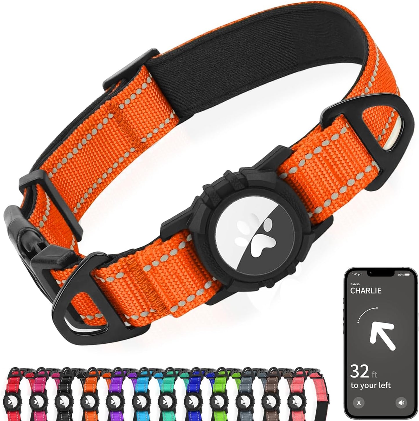 Joytale Airtag Dog Collar, Reflective Pet Collar with Waterproof AirTag Holder, Dual D-Rings, Soft Padded Adjustable for Extra Small and Puppy Dogs, Orange, XS