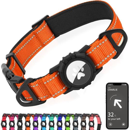 Joytale Airtag Dog Collar, Reflective Pet Collar with Waterproof AirTag Holder, Dual D-Rings, Soft Padded Adjustable for Extra Small and Puppy Dogs, Orange, XS
