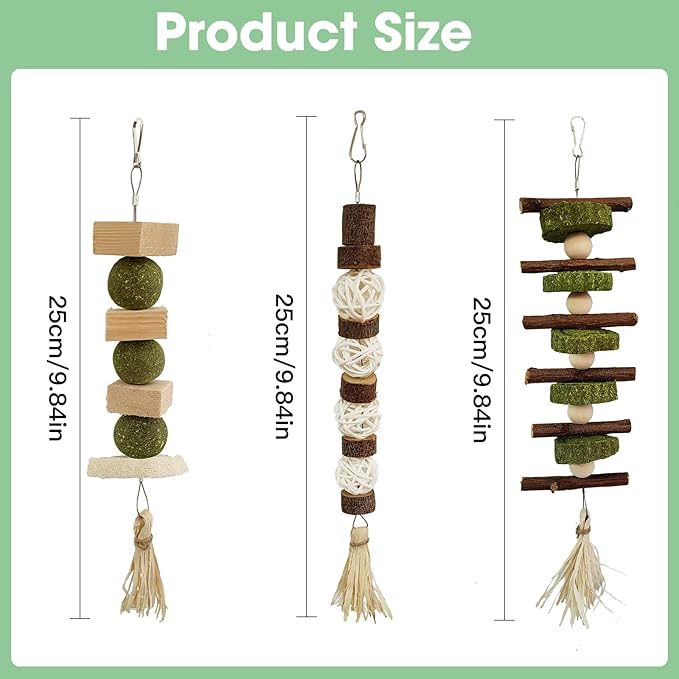 WDEFUN 3 PCS Bunny Chew Toys, Natural Hanging Rabbit Chew Toy Treats for Guinea Pigs Hamsters Gerbils Chinchilla and Other Small Pets for Teeth Grinding