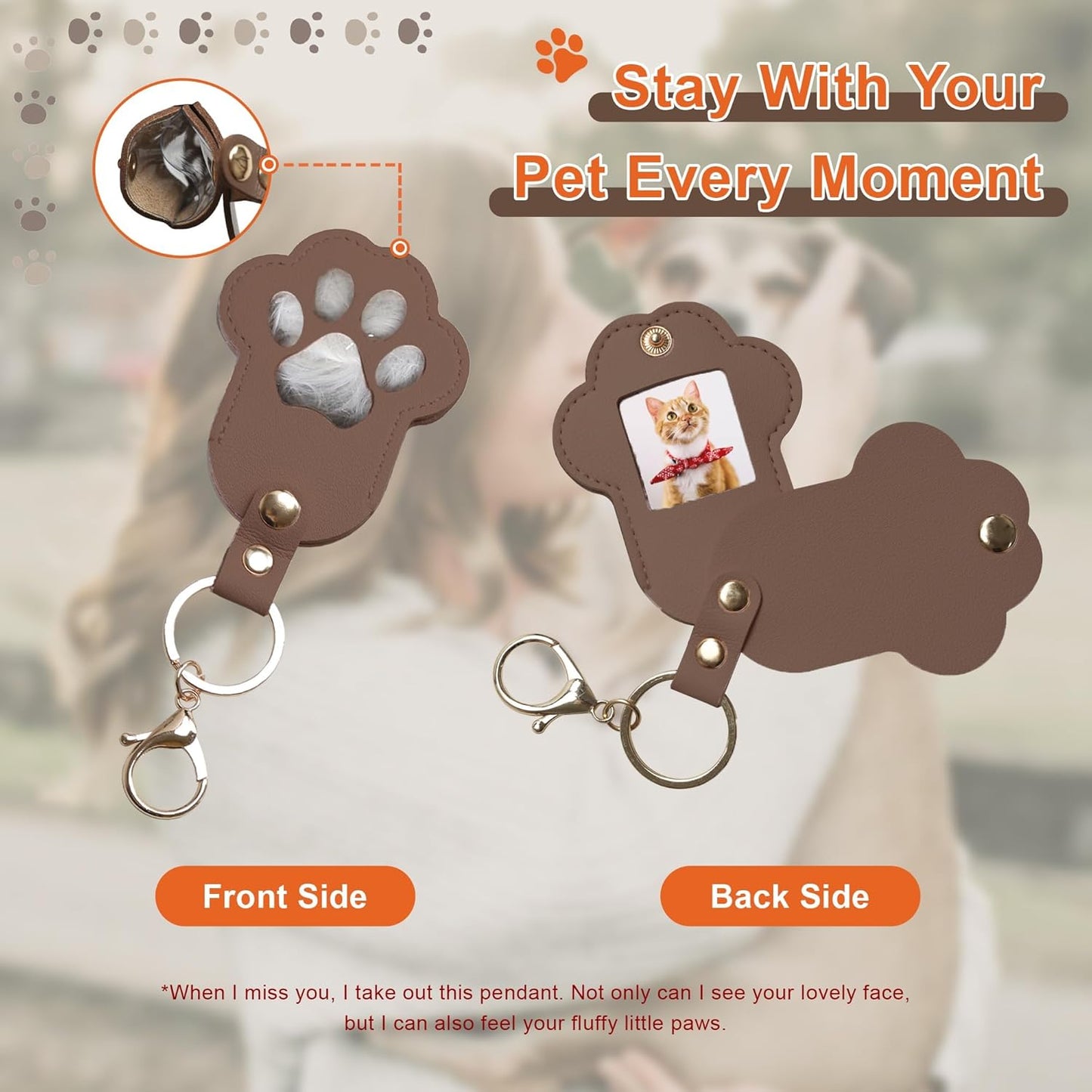 Pet Memorial Keychain Dog Paw Keepsake Photo Holder Heartfelt Memorial Gift for Loss of Dog and Cat Holds Fur and Pictures Keychain or Bag Charm for Bereaved Pet Owners (2Pack Brown)