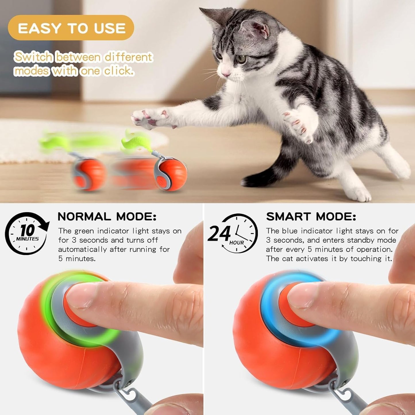 5PCS Interactive Cat Toy Automatic Moving Smart Toy Ball with Replacement Tail for Indoor Bored Cats/Dogs, Sensor Teasing Ball Self-Rolling Pet Chase, Speedy Cat Toys for Pets Exercise (Blue)