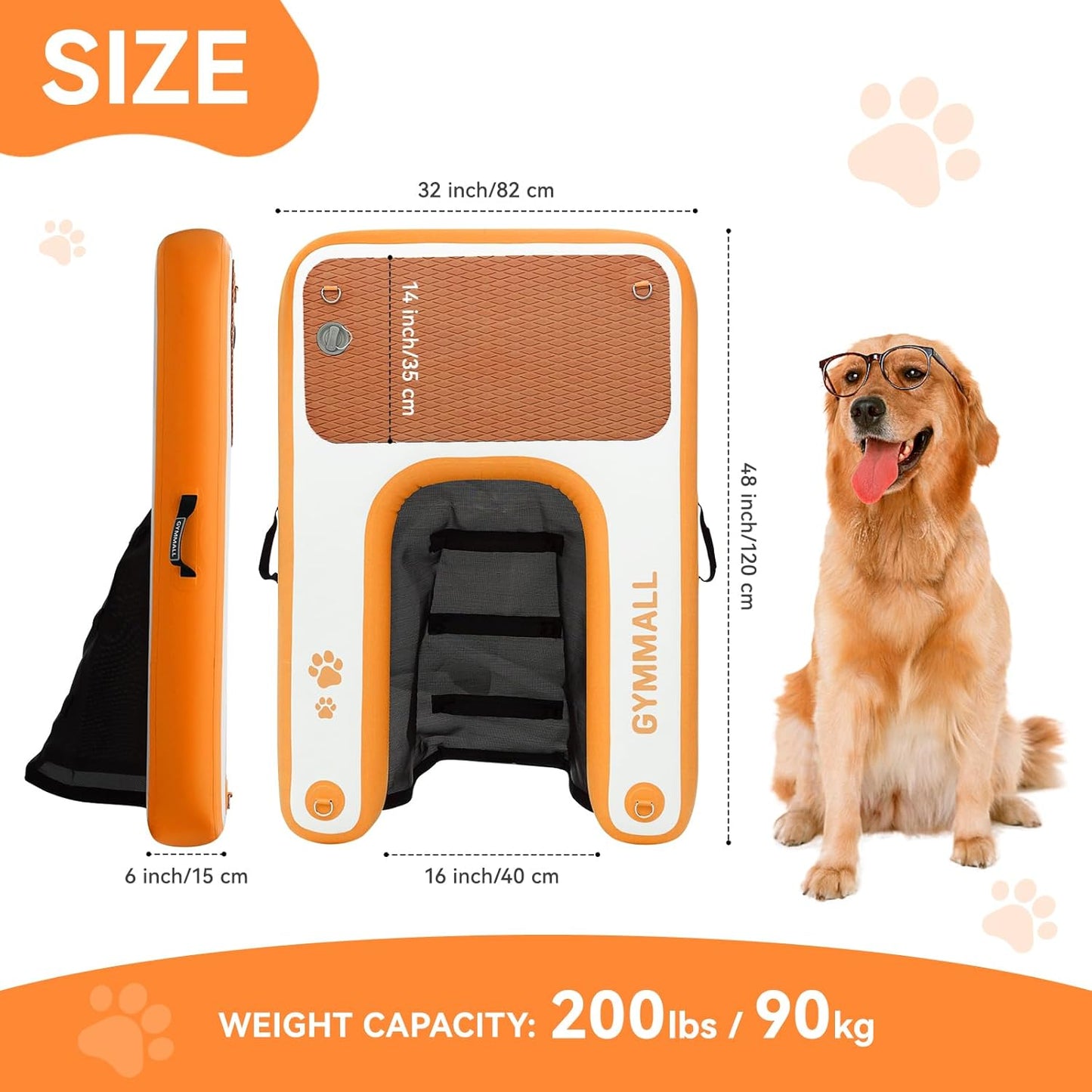 Inflatable Dog Water Ramp Pet Dock Platform Orange, Pet Water Platform for Boat Pool Lake Sea, Non-Slip Safety Floating Dock for Dogs up to 200lbs, EVA Puppy Float Ramp Dog Water Ladder