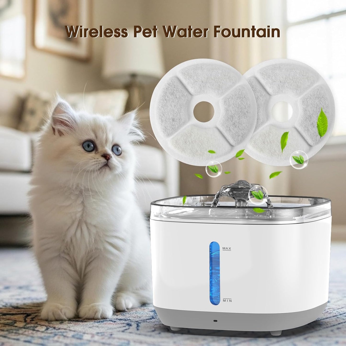 Cat Water Fountain, 100oz/3L Wireless Pet Water Fountain Battery Operated, Water Fountains for Cats Indoor with Motion Sensor, 5-Stage Filtration, Stainless Steel Tray, LED Light & BPA-Free