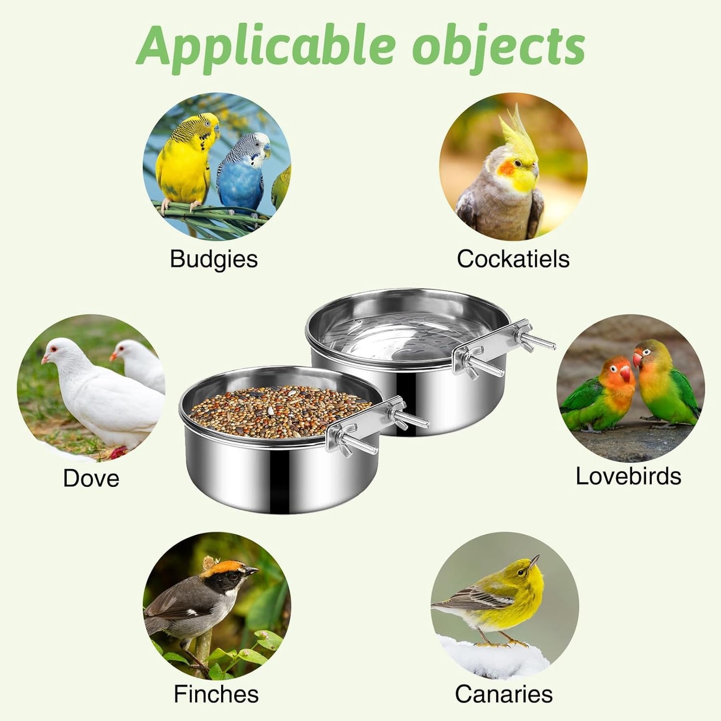 Tfwadmx 4 Pcs Stainless Steel Bird Bowls with Clamp Holder, Bird Dishes for Cage, Cockatiel Lovebird Budgie Chinchilla