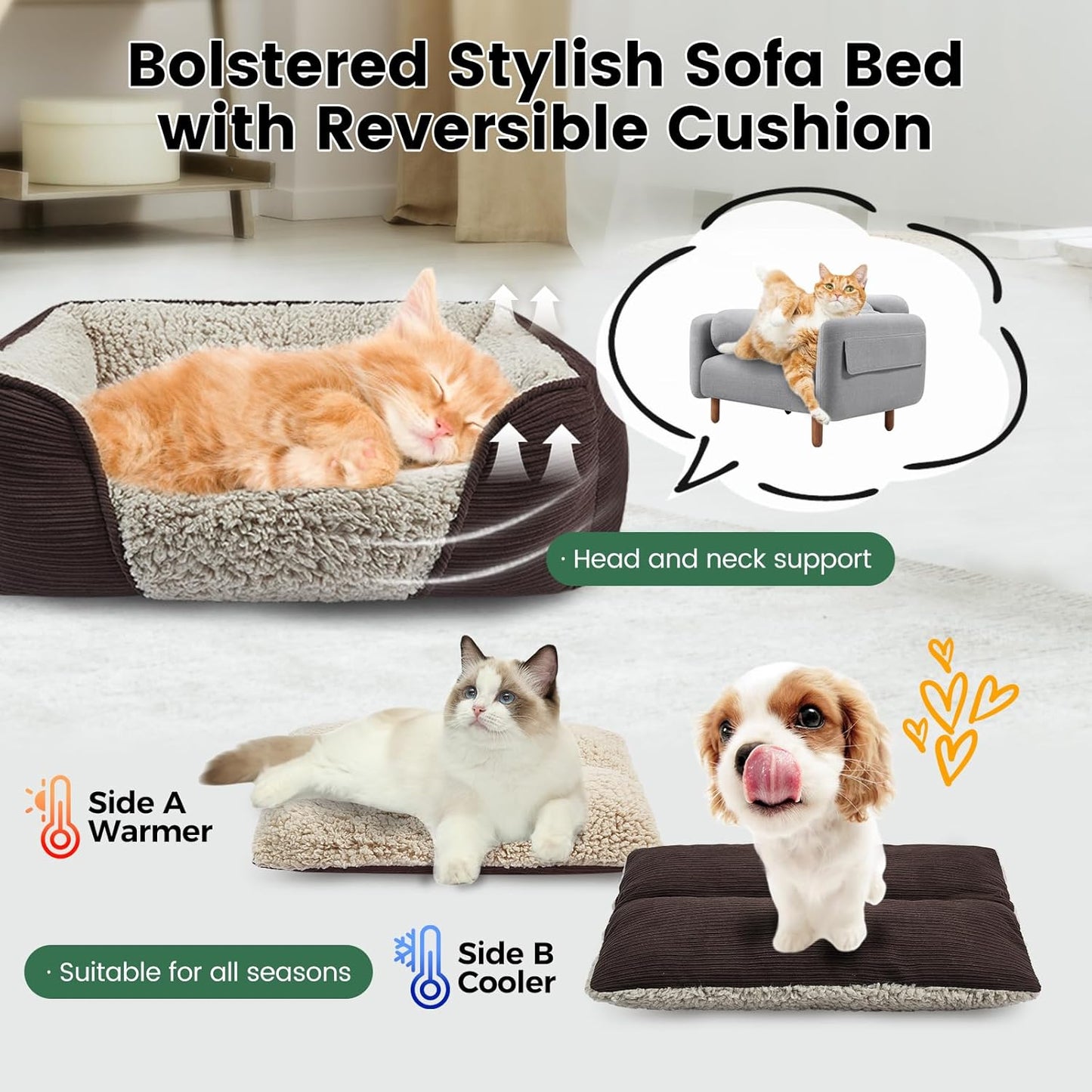 Miguel Washable Dog & Cat Bed with Removable Cushion for Medium & Small Dogs, Easy to Wash Pet Sofa Bed with Side Bolster, Anti-Slip Bottom, Brown, 30 Inch Rectangle
