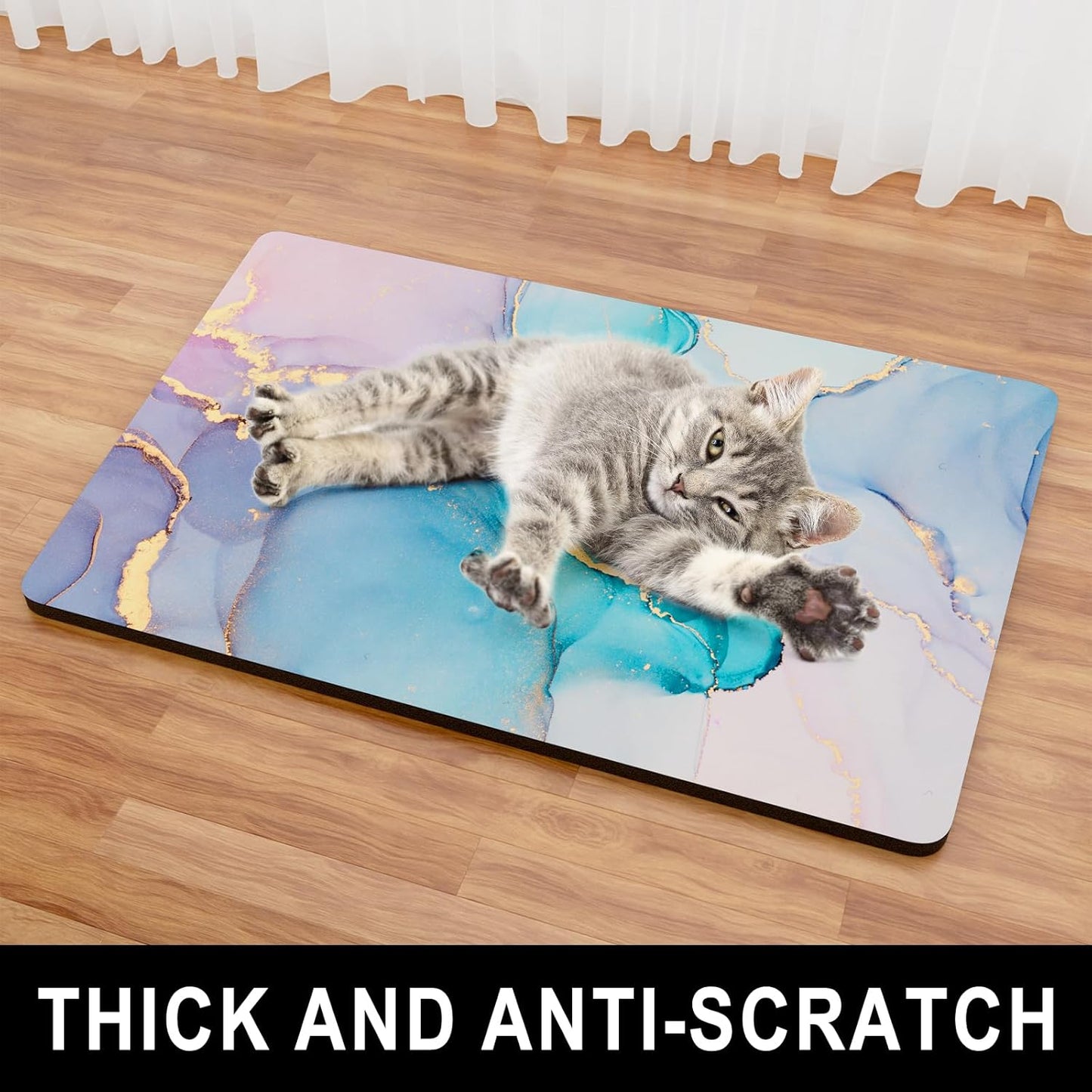 Dog Food Mat, 12" x 19" Marble Absorbent Dog Cat Bowl Mat for Food and Water, Cute Anti-Slip Rubber Pet Feeding Rug Protect Floors, Placemat for Feeding & Watering Supplies, Blue