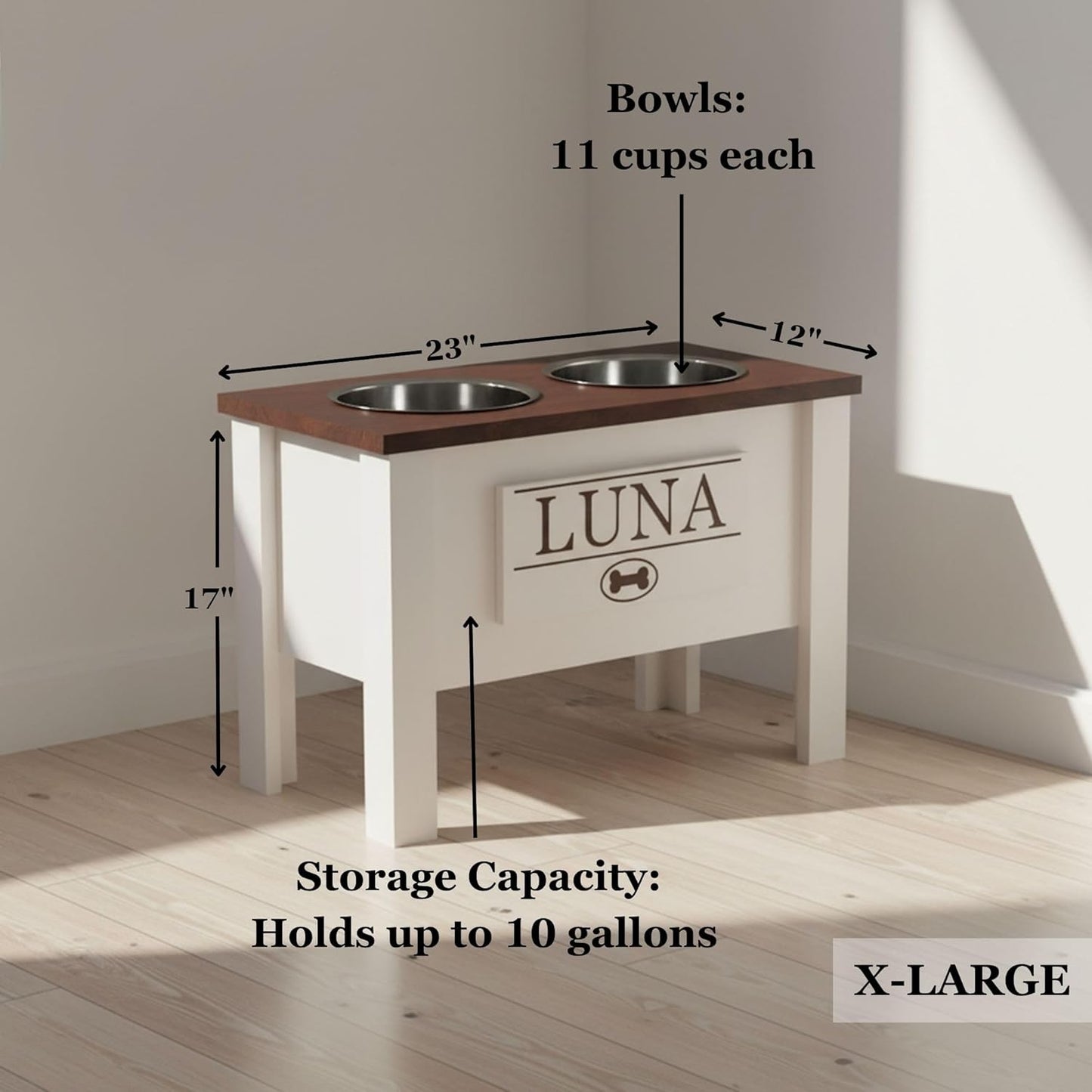 GrooveThis Woodshop - Personalized Elevated Dog Bowl Stand for Large, Medium, Small, X-Small Dogs - Stainless Steel Food and Water Bowls - Raised Dog Dish (X-Large, Grey)