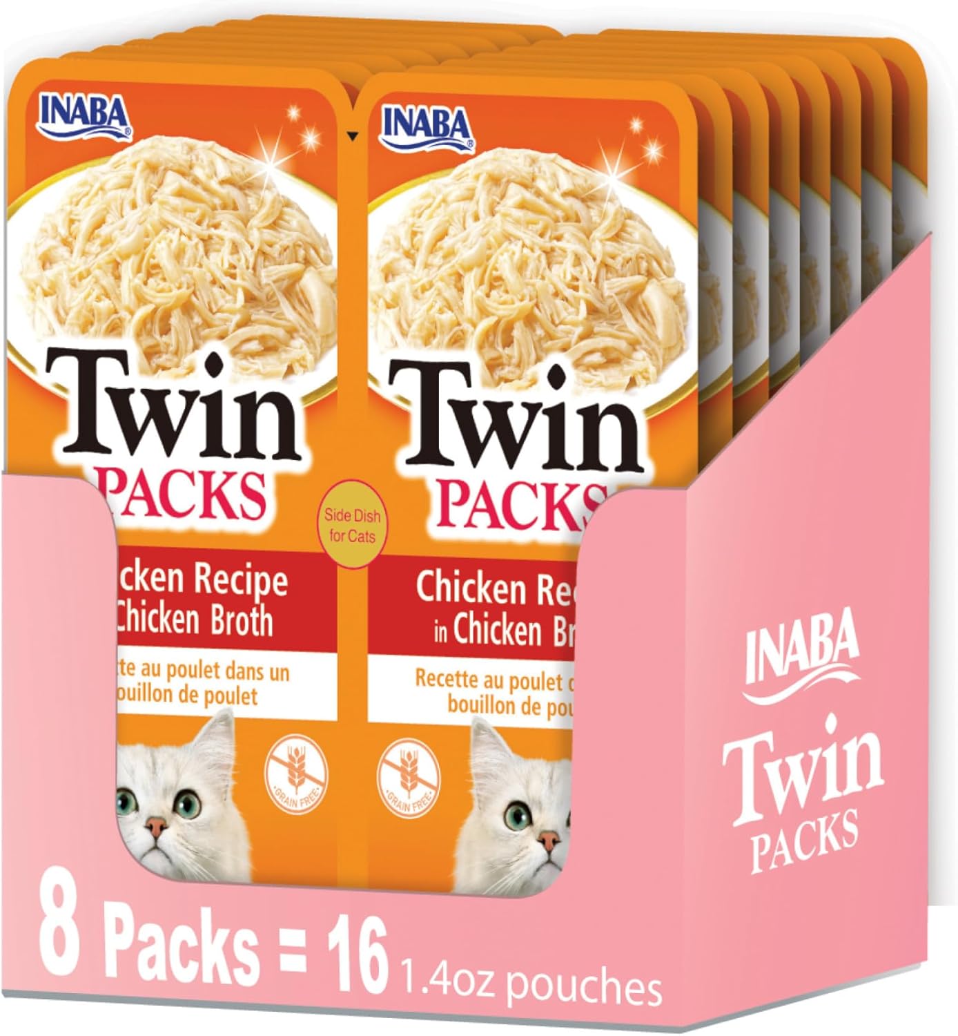 INABA Twin Packs for Cats, Side Dish/Topper Pouch, 1.4 Ounces per Serving, 16 Servings, Chicken Recipe in Chicken Broth