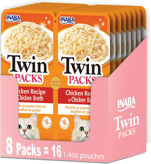 INABA Twin Packs for Cats, Side Dish/Topper Pouch, 1.4 Ounces per Serving, 16 Servings, Chicken Recipe in Chicken Broth