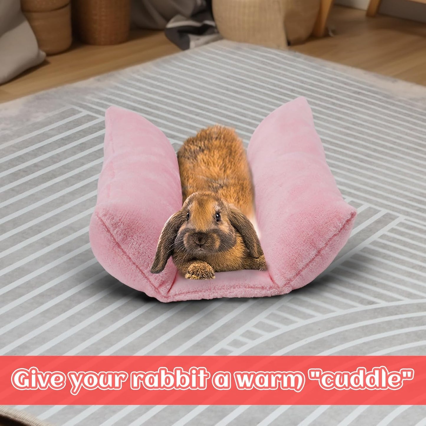 MEWTOGO 13 x 14In Rabbit Bed, Thickened Soft Snuggle Bunny Bed, Cuddle Cushion Plush Mat with Cotton Lounger Pillows, Small Pet Flop Mat for Cage Sleeping Indoor, Pink