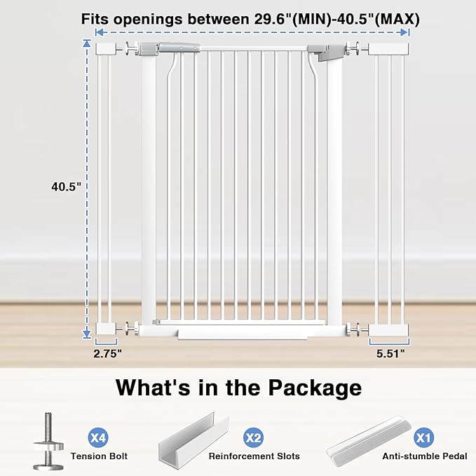 40.55" Extra Tall Baby Gate for Stairs-29.6"-40.5" Wide 1.37" Ultra Narrow Spacing Extra Wide Pet Cat Gate Dog Gate-Auto-Close Pressure Mounted Dog Door for Pets and Kids,White
