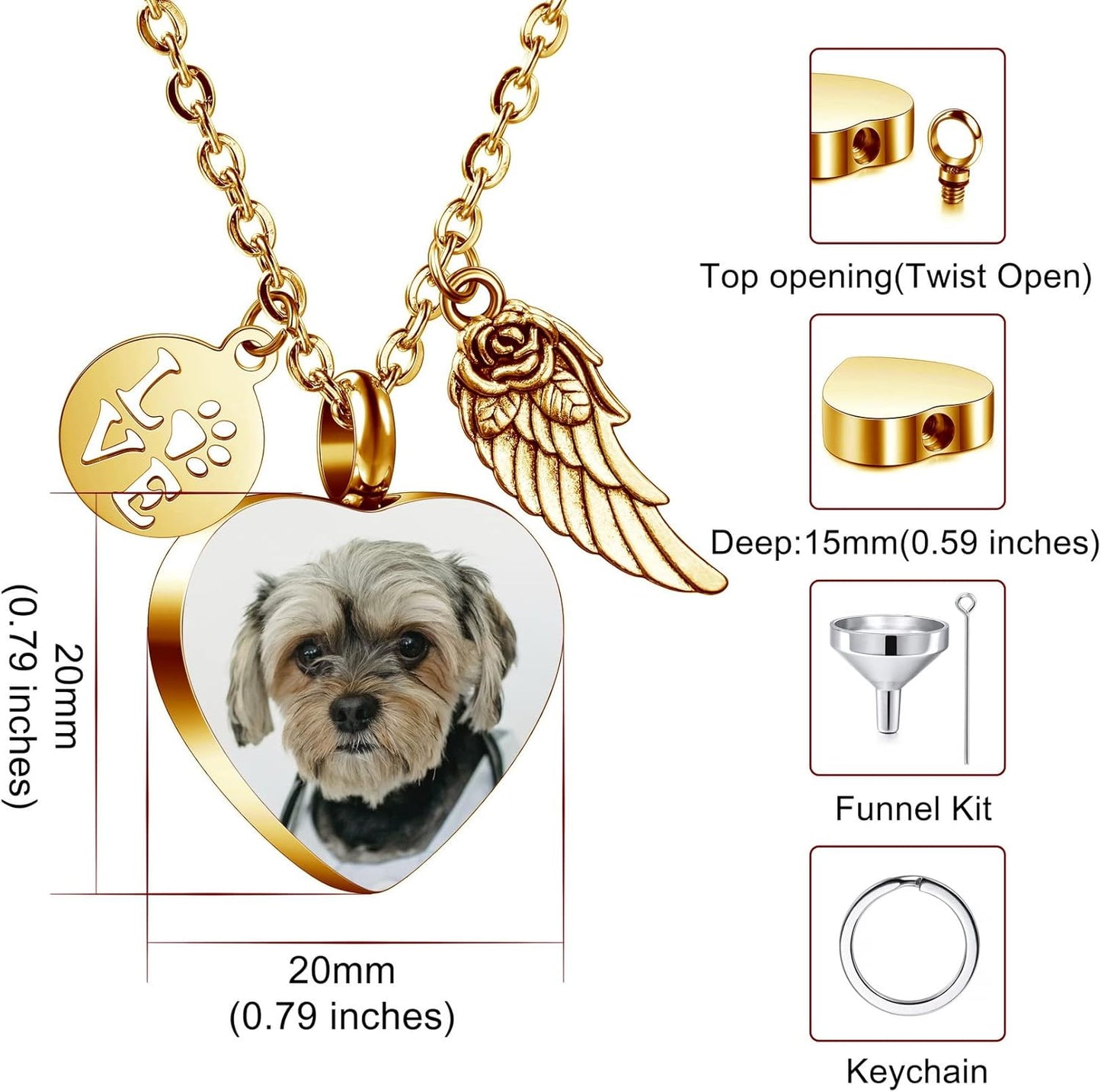 MeMeDIY Personalized Heart Paw Print Ashes Urn Pendant Necklace Custom Name/Photo/Date for Women Men Pet Lover Stainless Steel Memorial Dog Cat Pet Keepsake with Funnel Fill Kit Angel Wing