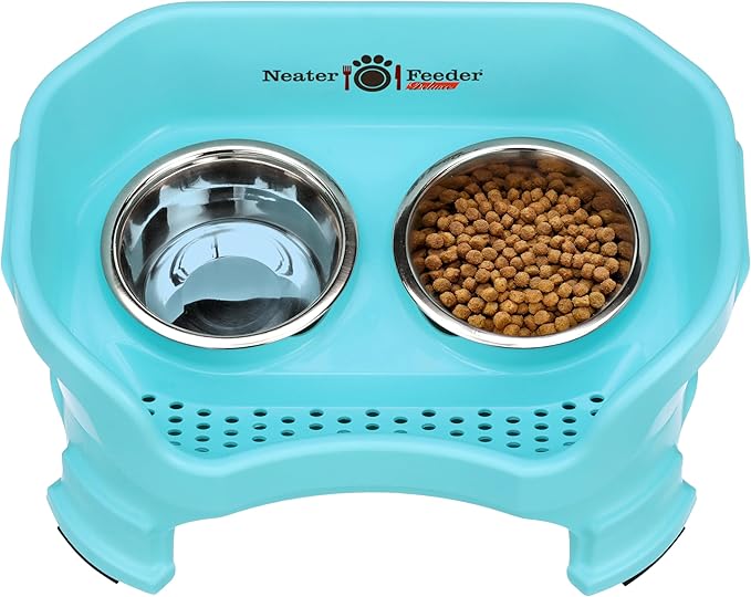 Neater Feeder Deluxe Mess Proof Dog Bowls Elevated for Small Breeds – Made in USA – No Spill Raised Dog Food Bowl Stand w/Leg Extensions – Stainless Steel Dog Food and Water Bowl Set – Teal