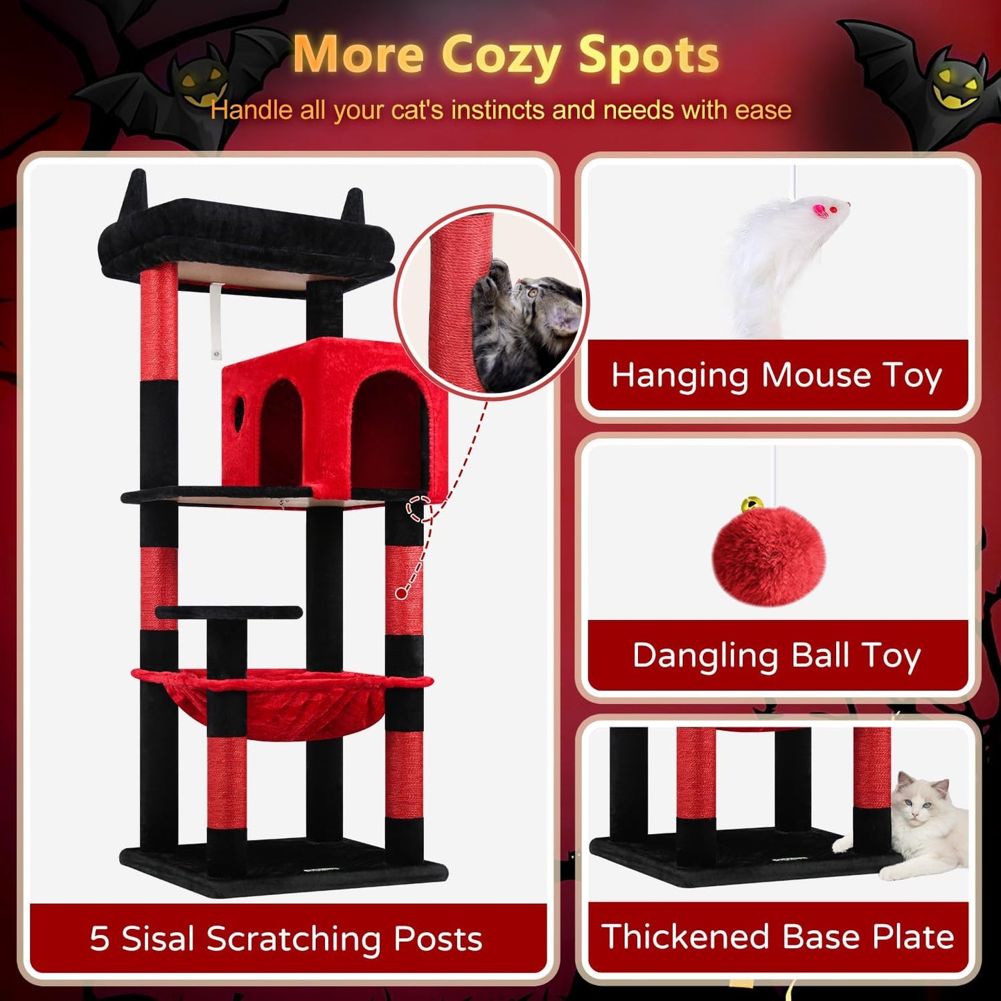 Globlazer Gothic Cat Tree Tower with Scratching Post for Indoor Cats, 53inch Tall Plush Multi-Level Cat Climbing Tower Condo with Large Hammock, Spacious Cat Cave, Padded Top Perch, F53, Red Black