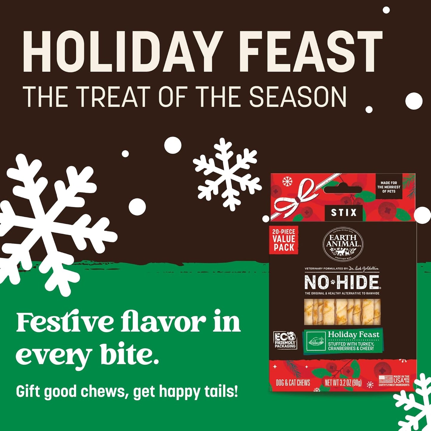 Earth Animal No-Hide Seasonal Stix Holiday Feast Recipe Natural Rawhide Alternative Dog & Cat Chews - 20 Count Value Pack