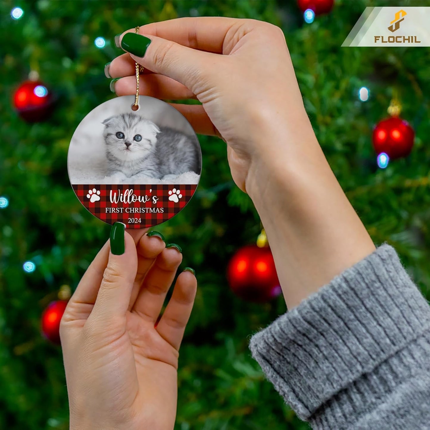 FLOCHIL Personalized Cat Christmas Ornaments Custom Photo Name for Christmas Trees, Cat First Christmas Ornaments, Gifts for Pet Lovers