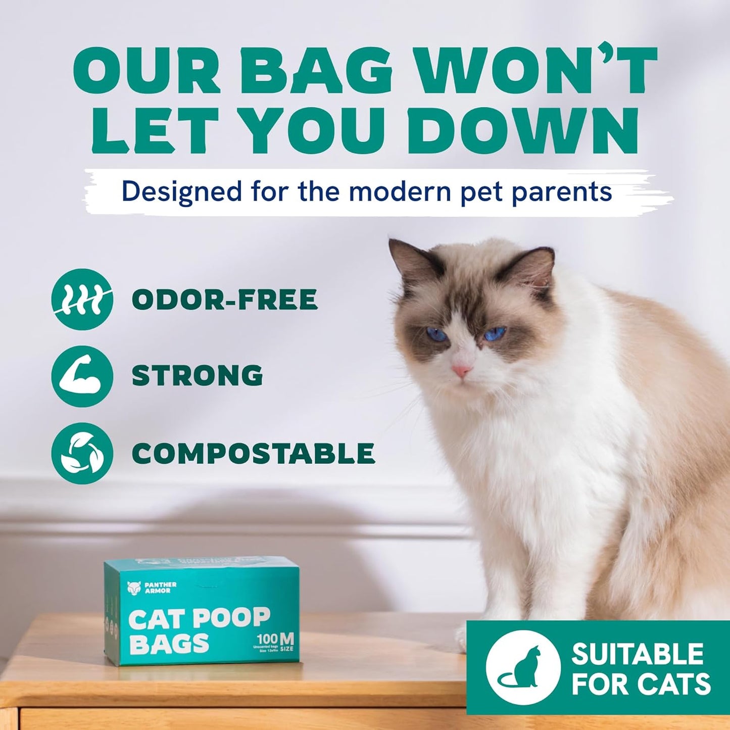 Panther Armor Compostable Cat Litter Bags for Poop - 100x Unscented Pet Waste Bags, 13x9in Leak Proof Kitty Litter Bags - Odor Proof, Easy Open Dispenser Box of Cat Poop Bags