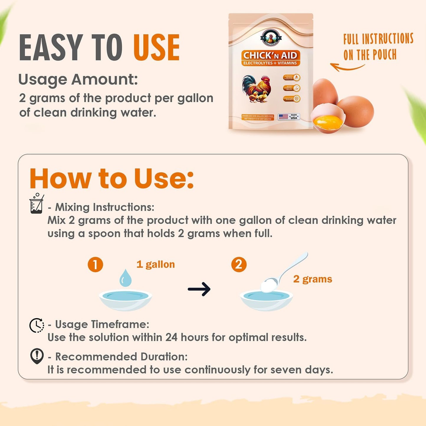 Chick’n Aid, 8 oz Essential Chicken Supplement, Ideal for Hydration, Immunity, Digestive Health. Enhanced with Poultry Vitamins, Electrolytes, and Probiotics, for Chickens, Ducks, Turkeys