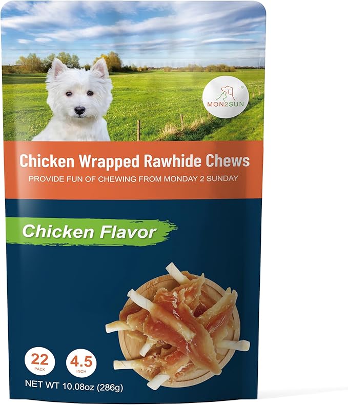 MON2SUN Dog Rawhide Twist 4-4.5 Inch Chicken Wrapped Rawhide Sticks for Puppy and Small Dogs, Promotes Dental Health Treats (10.08 Ounce -Pack of 1)