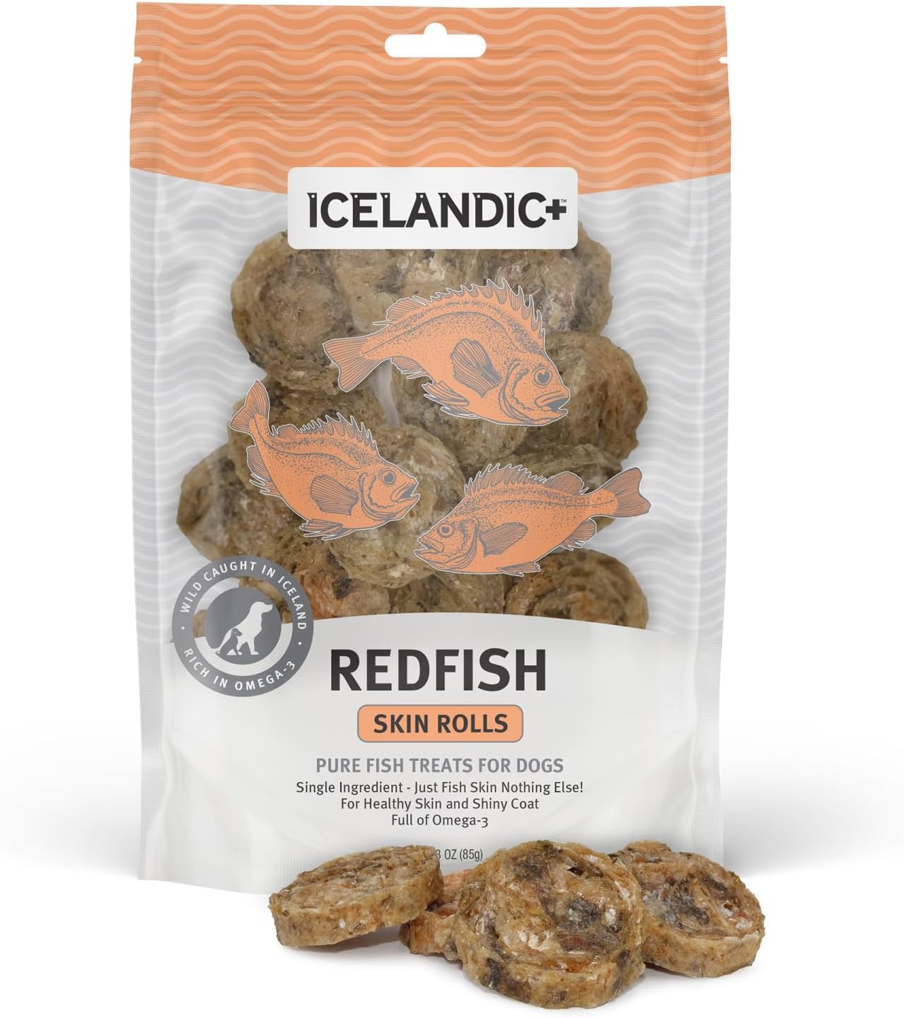 Icelandic+ Skin Rolls: Redfish - 3oz Bag, Dog Treats, Pure Wild-Caught Air-Dried Fish, Single Ingredient Snacks, Pe Chews, Just The Fish Nothing Else