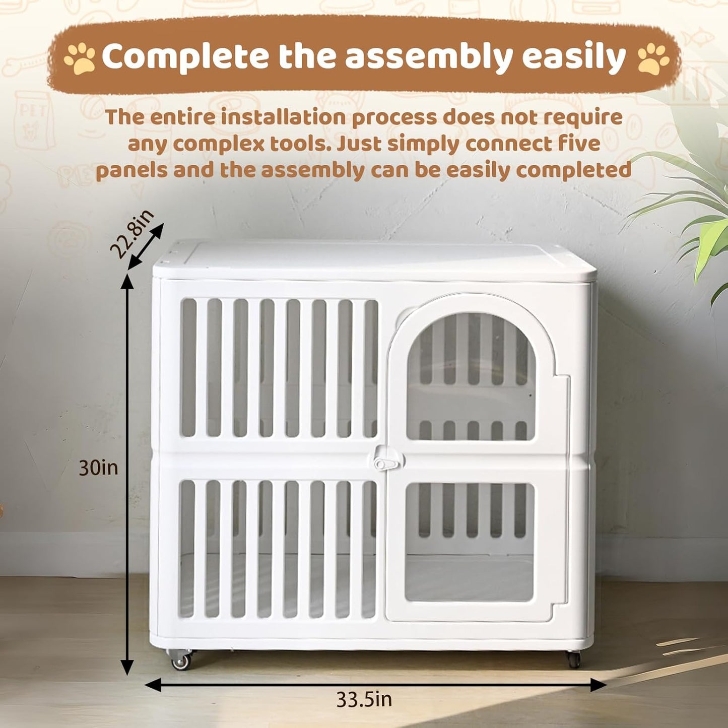 Acrylic Dog Crate Indoor with Wheels 34x 23x 30,Cute Plastic Easy Cleaning Pet Play Pen for Puppy Small Medium Dogs Playpen,White Houses Kennel