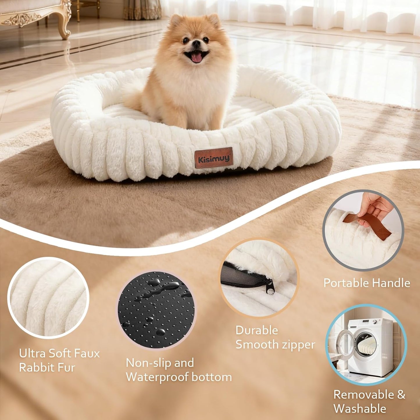 Cute Washable Medium Large Size Dog Bed, Orthopedic Rectangle Anti-Anxiety Medium Furry Dog Bed, Calming Bolster Puppy Bed with Durable Removable Zipper Cover, 30in, Cream