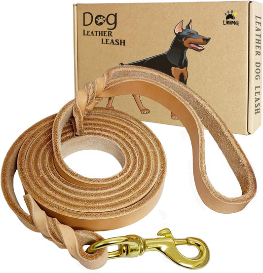 LWBMG Leather Dog Leash - 4ft Heavy Duty, Braided, Comfortable for Large, Medium & Small Dogs - Tan