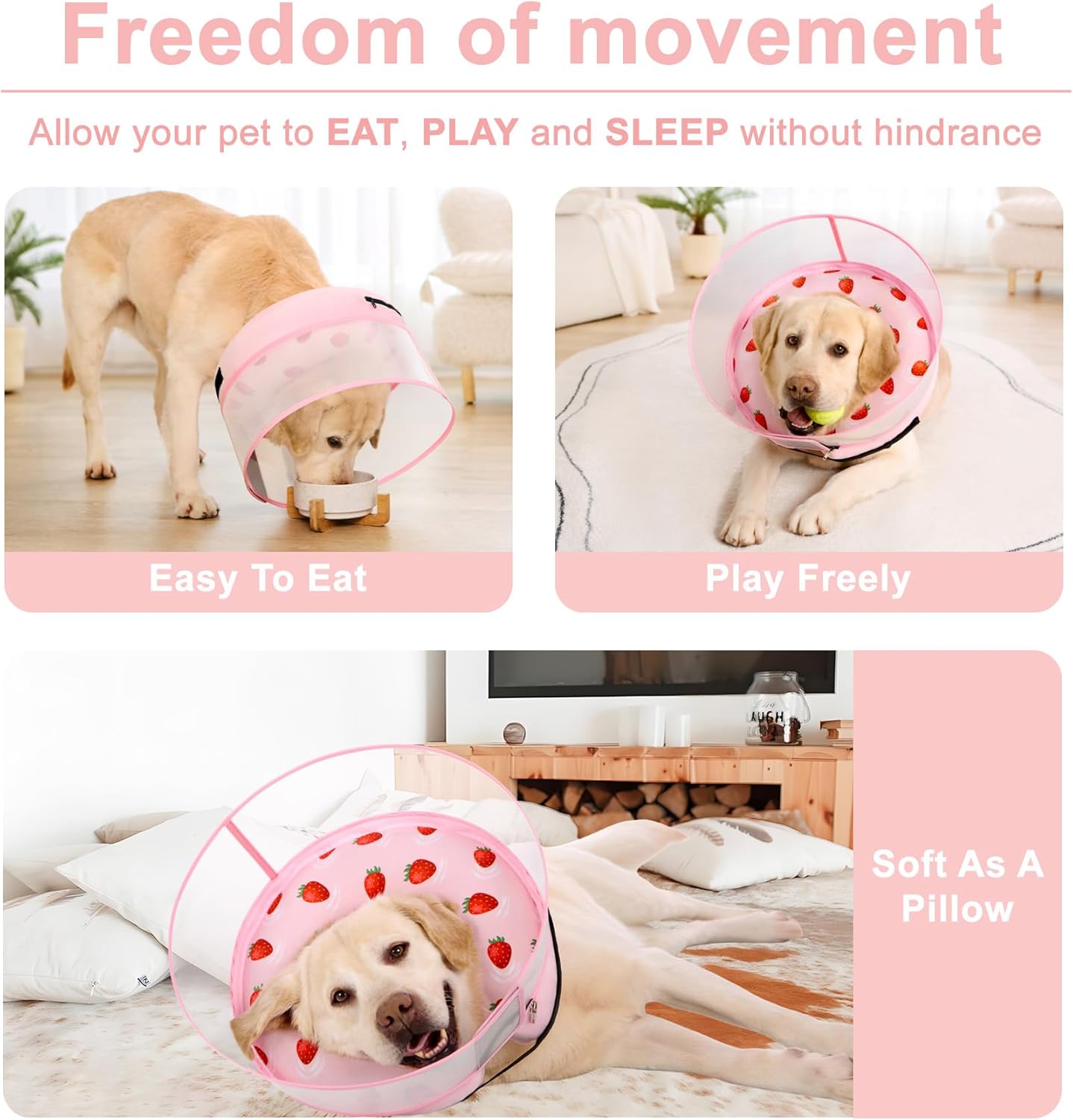 Inflatable Dog Cone Collar for Large Medium Small Dogs, Soft Dog Donut Collar Adjustable Recovery Cone for Pets After Surgery, Extra Enhanced Anti-Licking Guard Shield (Strawberry Print, Medium Plus)